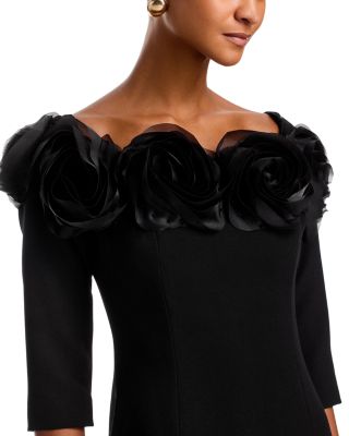 Crepe 3D Flower Off the Shoulder Three Quarter Length Sleeved Gown