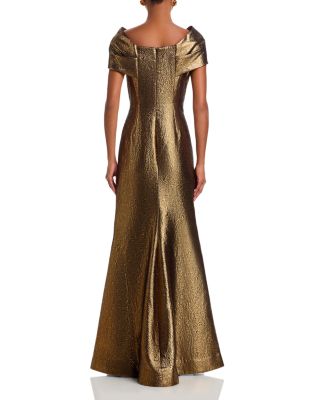 Off Shoulder Twist Metallic Jacquard Gown