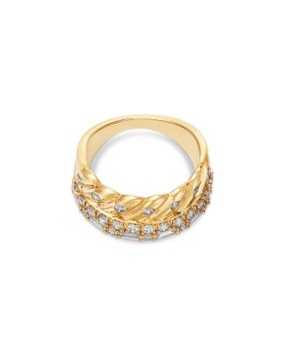 Diamond Round & Baguette Three Row Stack Look Ring in 14K Yellow Gold, 1.0 tcw
