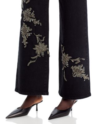 Lyla Beaded Floral Wide Leg Jeans in Black