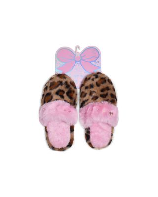 Girls' Leopard Print Gem Embellished Faux Fur Plush Slippers
