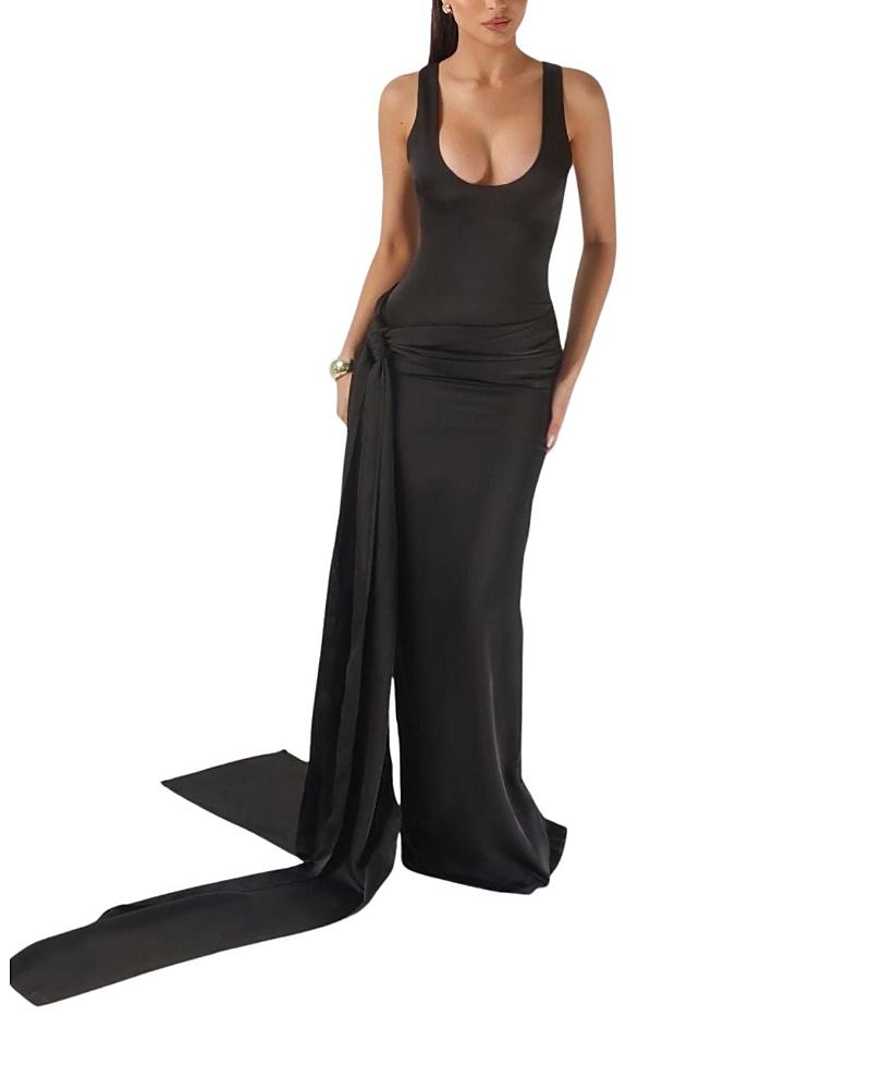 Heiress Beverly Hills Low Neckline Satin Sarong Maxi Dress In Black