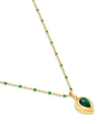 14K Yellow Gold Malachite & Green Enamel Bead Chain Pendant Necklace, 16-18"