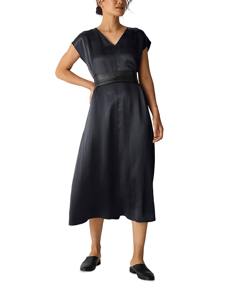 Eileen Fisher Satin V Neck Cap Sleeve Midi Dress