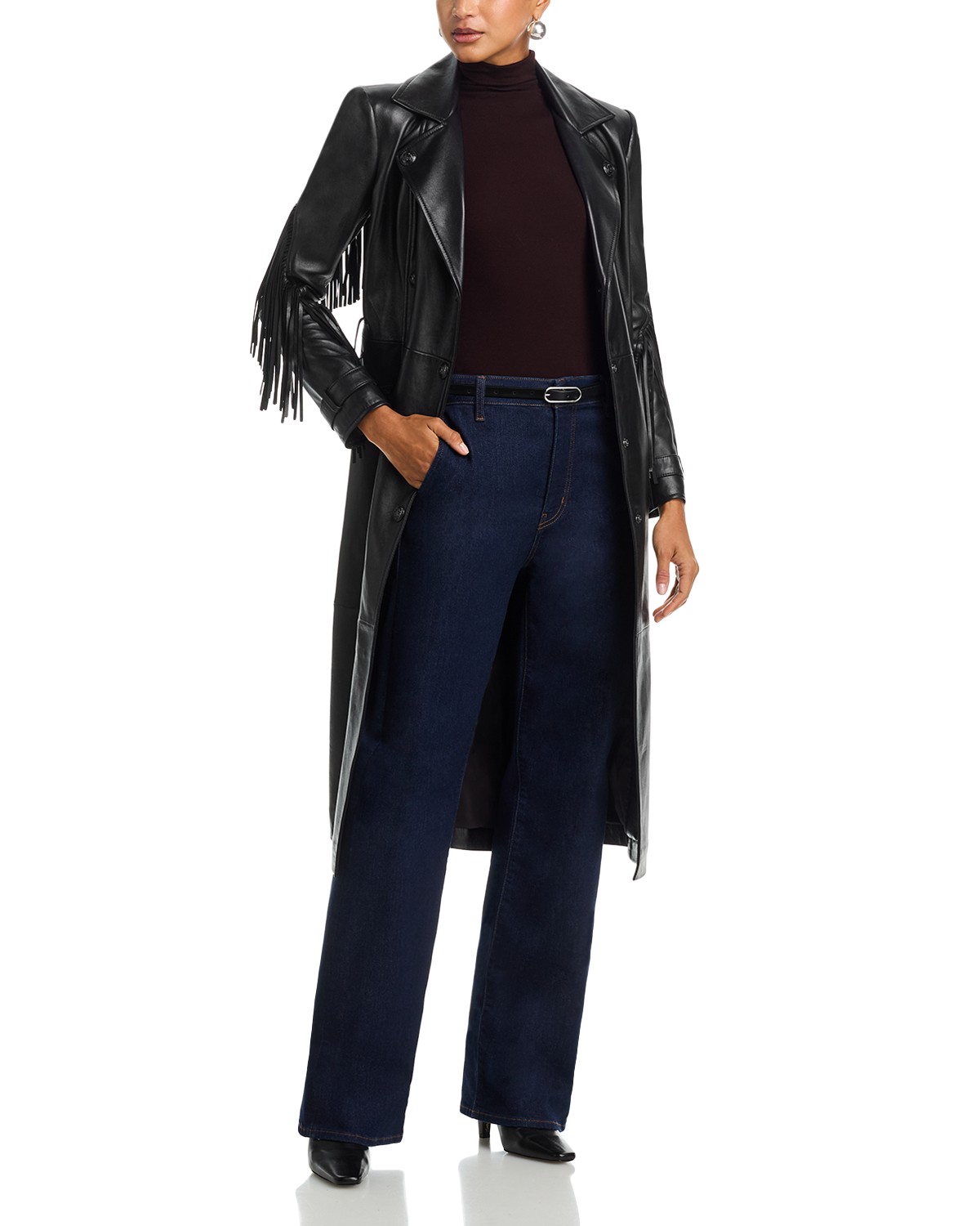 Celina Fringe Trim Faux Leather Trench Coat