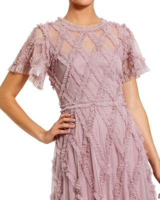  Mesh High Neck Short Sleeve Ruffle Ankle Dress