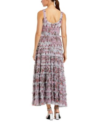 Sleeveless Floral Midi Dress with Tiered Ruffles