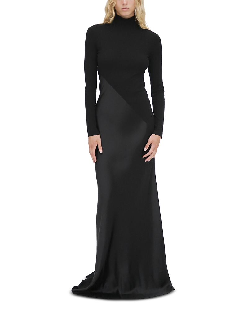 Rosetta Getty Mixed-media Turtleneck Long-sleeve Bias Gown In Black