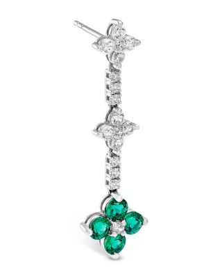 Emerald & Diamond Clover Linear Earring in 14K White Gold