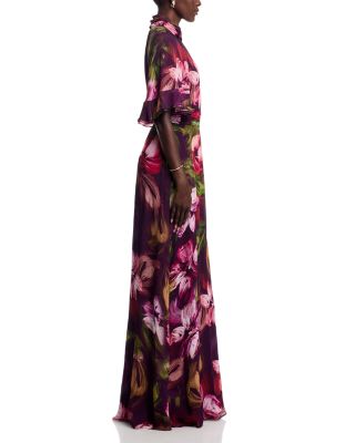 Floral Flutter Sleeve Mock Neck Gown 