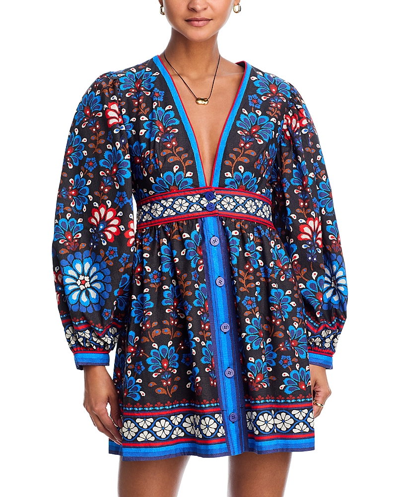 Farm Rio Black Latina Scarf Puff Sleeve Organic Cotton Mini Dress In Blue