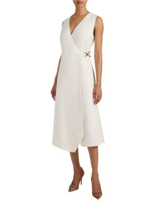 Ursa Sleeveless Faux Wrap Dress with Metal Buckle in Stretch Crepe