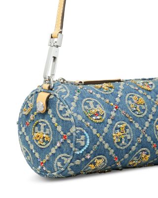 T Monogram Embellished Denim Cylinder Bag