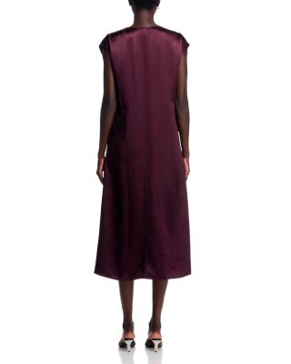 Satin V Neck Cap Sleeve Midi Dress