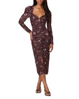 Long Sleeve Mesh Ruched Midi Dress