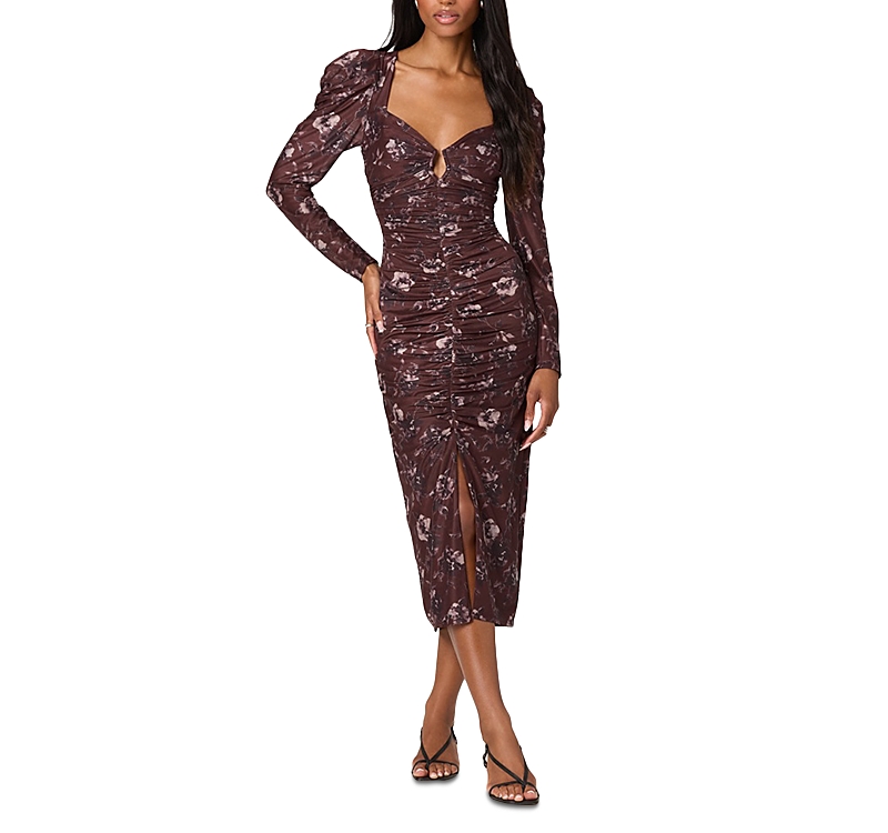 Astr The Label Long Sleeve Mesh Ruched Midi Dress In Burgundy