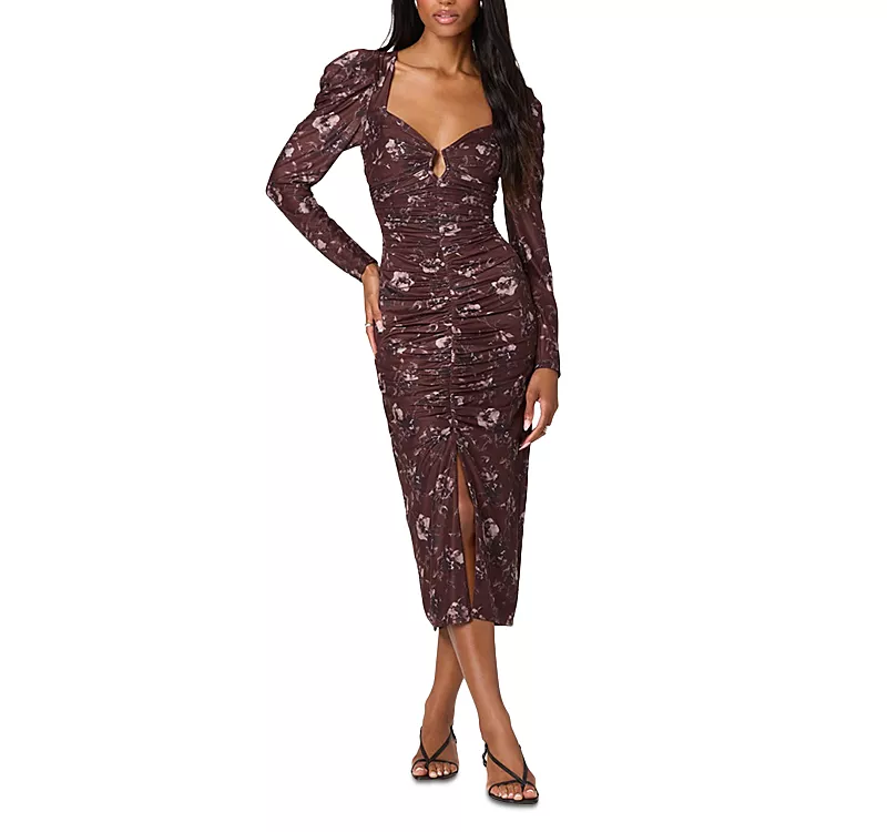 Astr the Label Long Sleeve Mesh Ruched Midi Dress