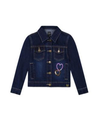 Girls' Stretch Denim Jacket with Glittery Hearts and Unicorn - Big Kid