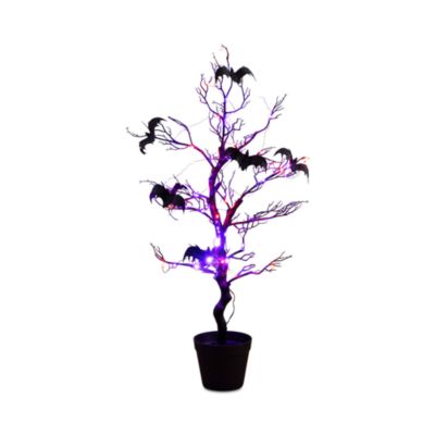 3' Pre-Lit Artificial Halloween Black Spooky Twig Tree with Bats and 100 Orange & Purple LED Lights