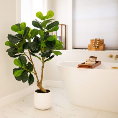 4&#39; Artificial Lush Fiddle Leaf Tree in Decorative White Planter