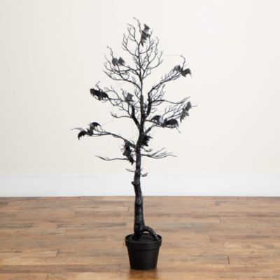 4' Pre-Lit Artificial Halloween Black Spooky Twig Tree with Bats and 120 Orange & Purple LED Lights