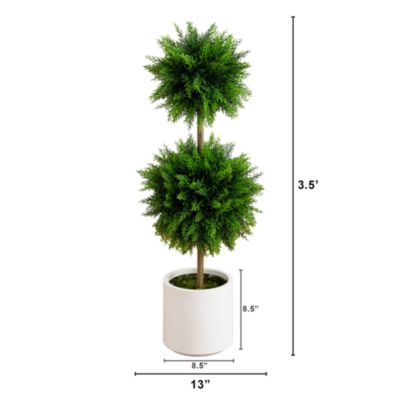 3.5&#39; UV Resistant Artificial Cedar Double Ball Topiary Tree in White Decorative Planter (Indoor/Outdoor)