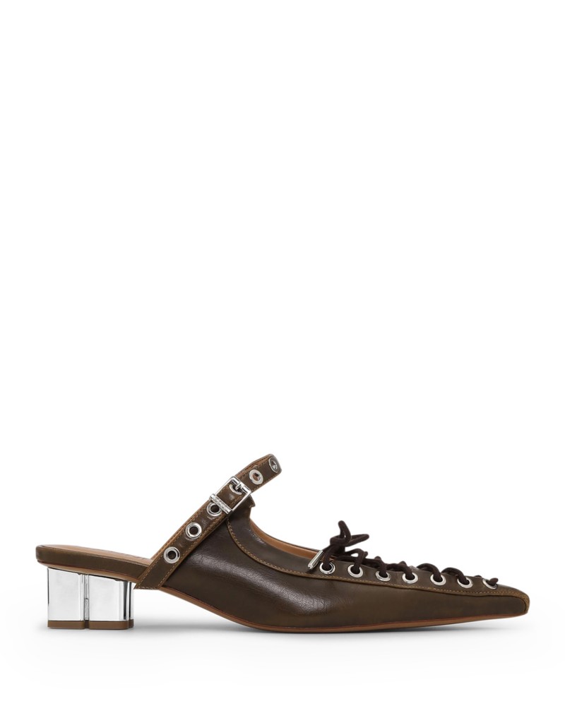 Ganni Women's Eyelets Lace Up Mules in Dark Olive