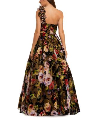 One-Shoulder Floral Print Ballgown