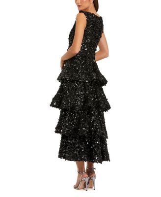  Sleeveless Sequin Ruffle Midi Dress with Belt