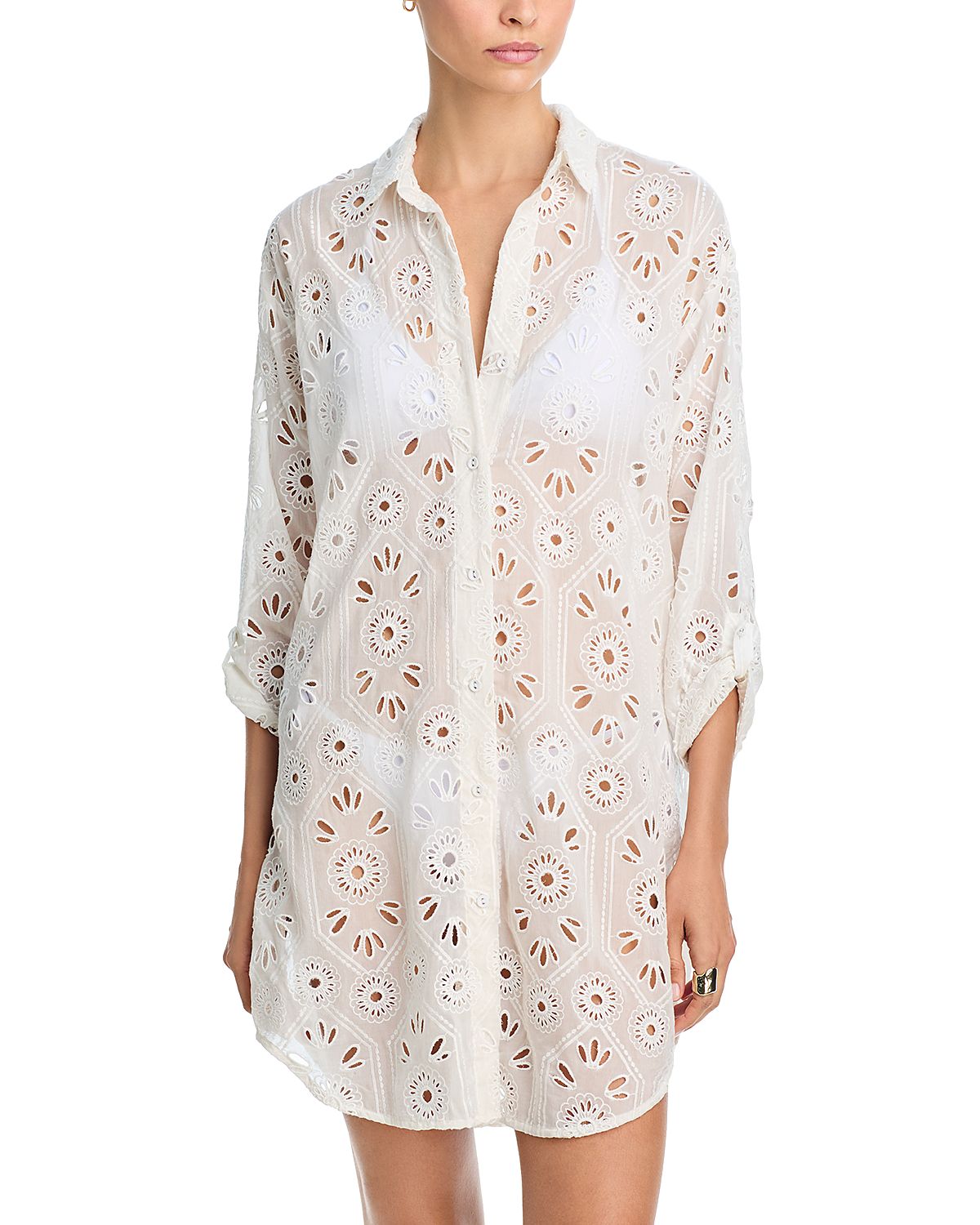 Johnny Was Eyelet Swim Cover-Up Shirt