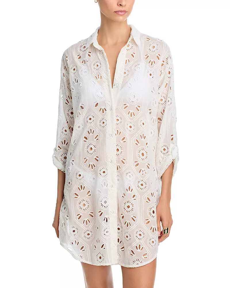 Johnny Was Eyelet Swim Cover-Up Shirt