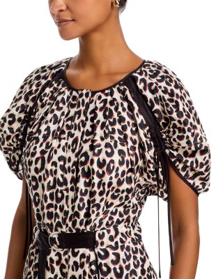 Leopard Print Ruched Sleeve Midi Dress