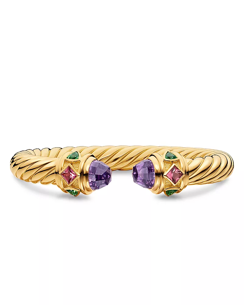 David Yurman Renaissance Cablespira Bracelet in 18K Yellow Gold with Amethyst, Pink Tourmaline and Tsavorite, 9mm