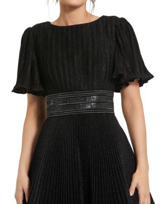 Pleated Shimmering Georgette Flutter Sleeve Gown