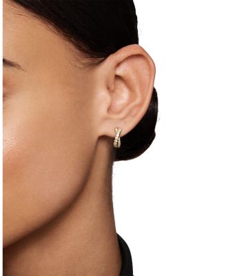18K Yellow Gold Diamond Pav&eacute; Crossover Huggie Hoop Earrings