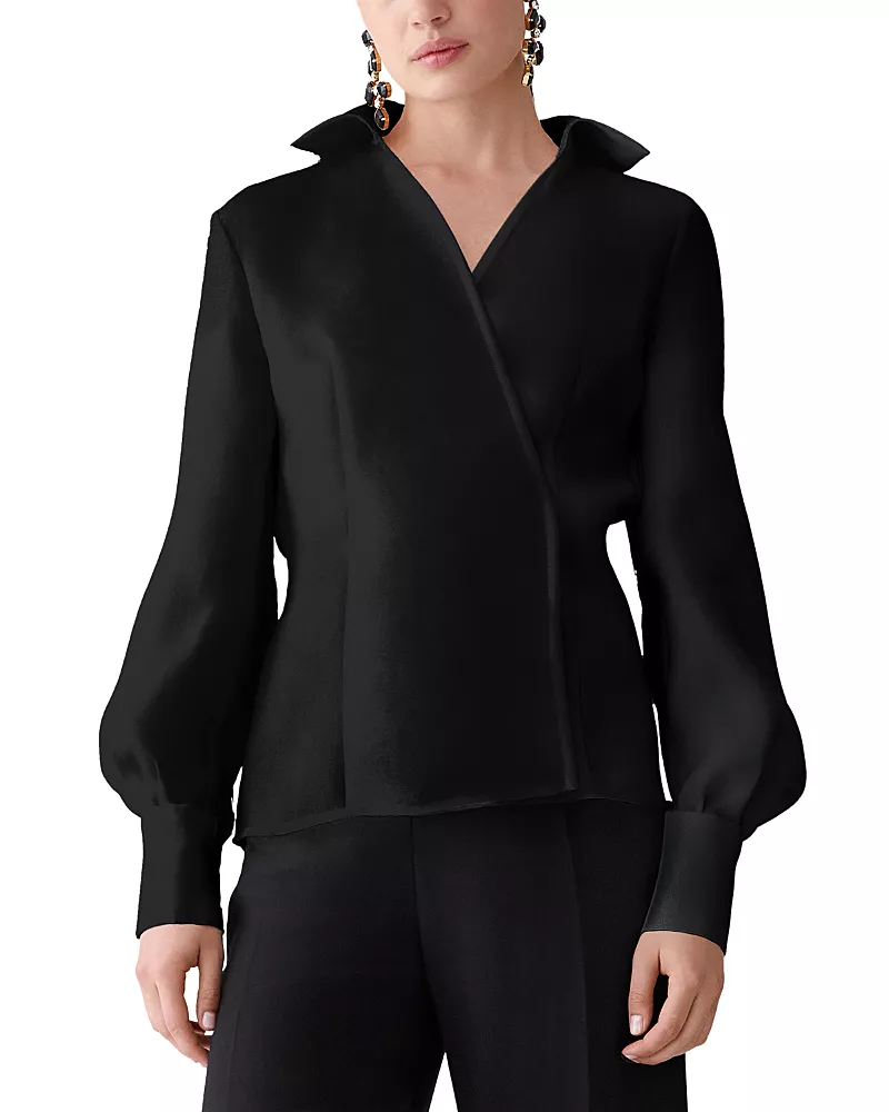 Carolina Herrera Silk Puff Sleeve Collared Wrap Top