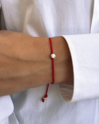 Lab Grown Diamond Red Cord Slider Bracelet in 14K Yellow Gold