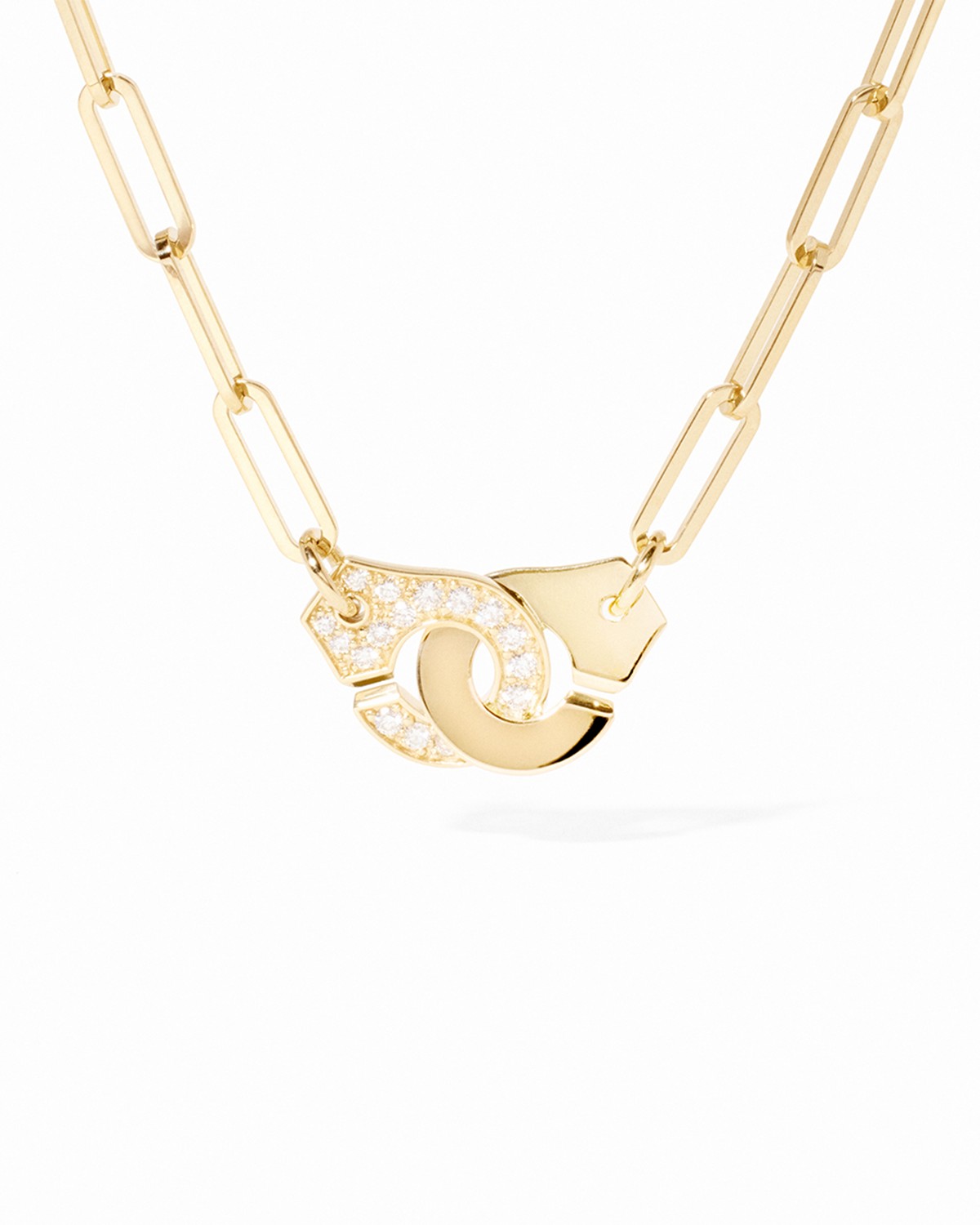 18K Yellow Gold Menottes Dinh Van Diamond Handcuff Open Paperclip Link Chain Pendant Necklace, 17.32"
