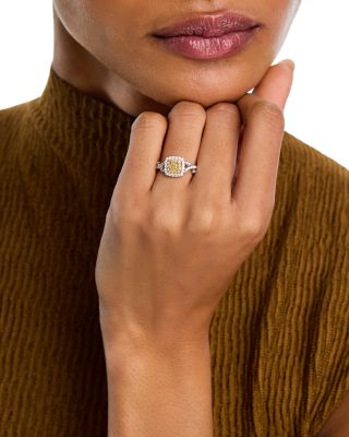 White & Yellow Cushion & Round Halo Ring in 14K Yellow & White Gold, 0.79 tcw