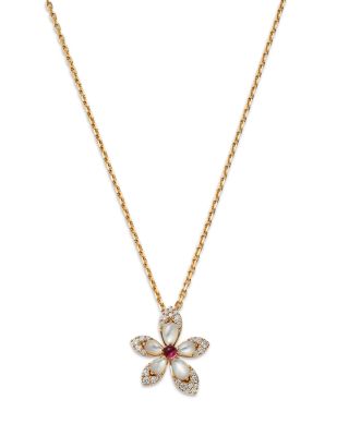 18K Rose Gold Tiare Mother of Pearl, Rubellite, & Diamond Flower Pendant Necklace, 16-18"