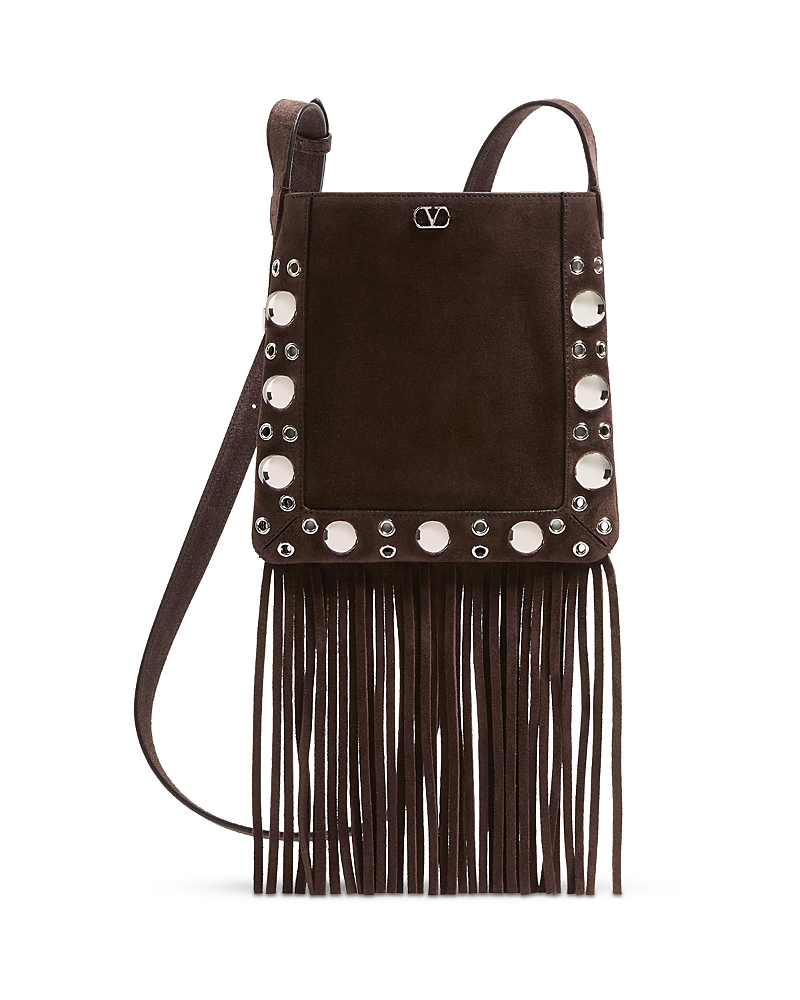 Valentino Nellcote Small Vlogo Fringe Suede Crossbody Bag In Brown