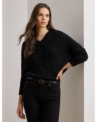 Sequined Rib-Knit V-Neck Sweater