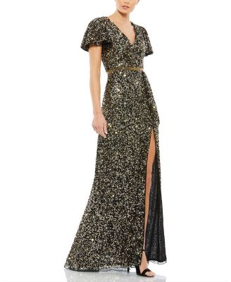 Sequined Wrap Over Butterfly Sleeve Draped Gown
