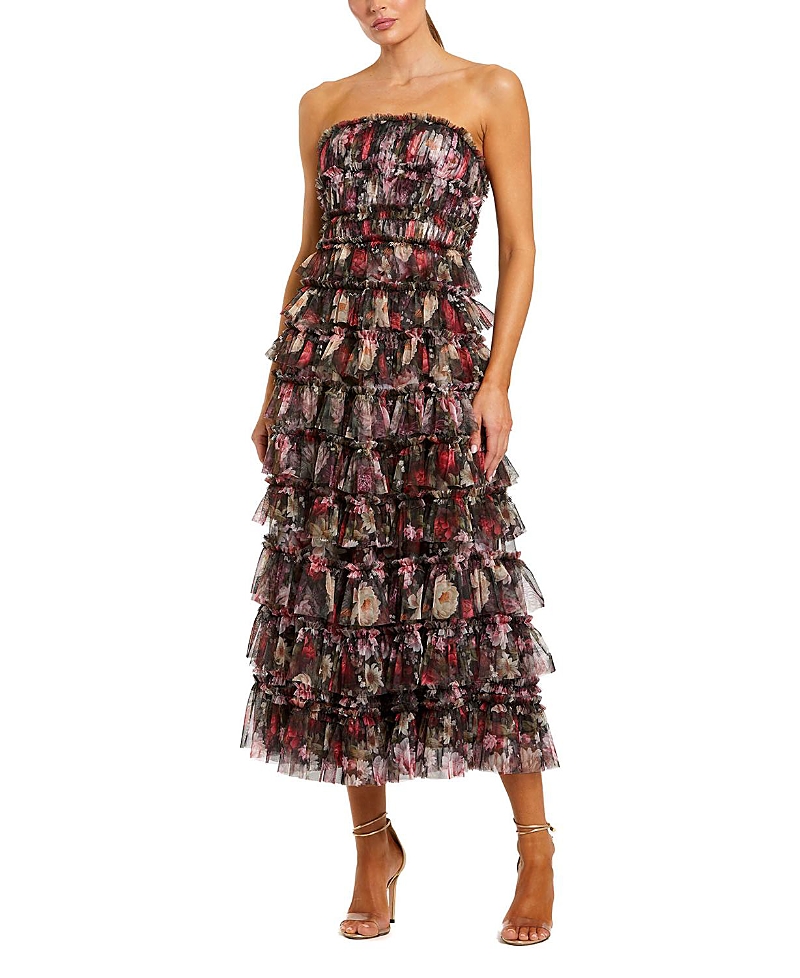 Mac Duggal Strapless Micro Ruffle A Line Midi Dress