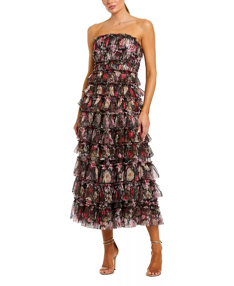 Mac Duggal Strapless Micro Ruffle A Line Midi Dress