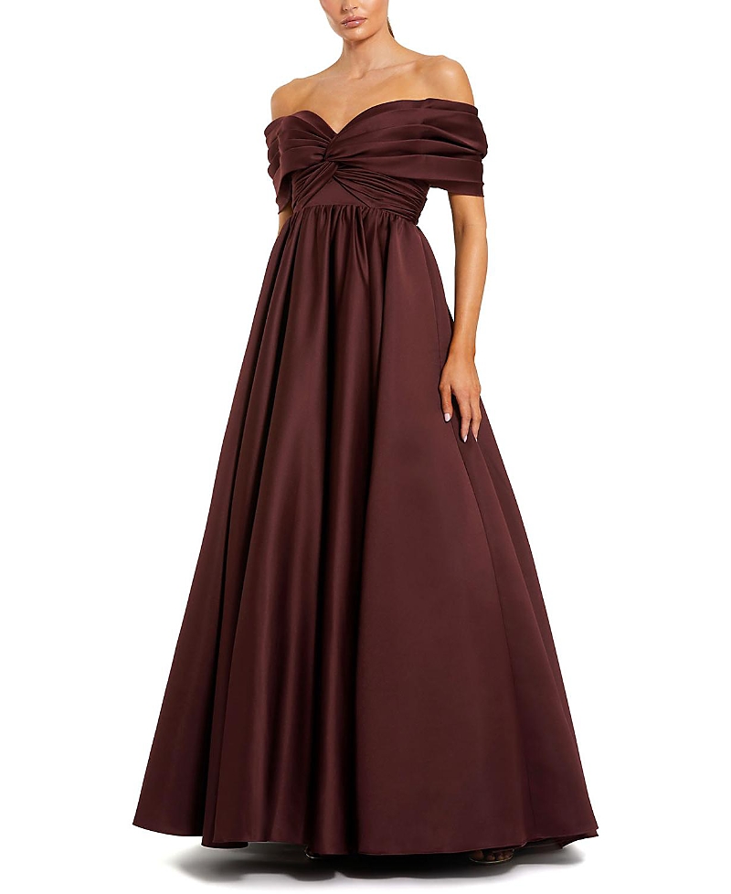 Mac Duggal Satin Off The Shoulder Twist Evening Ballgown In Burgundy