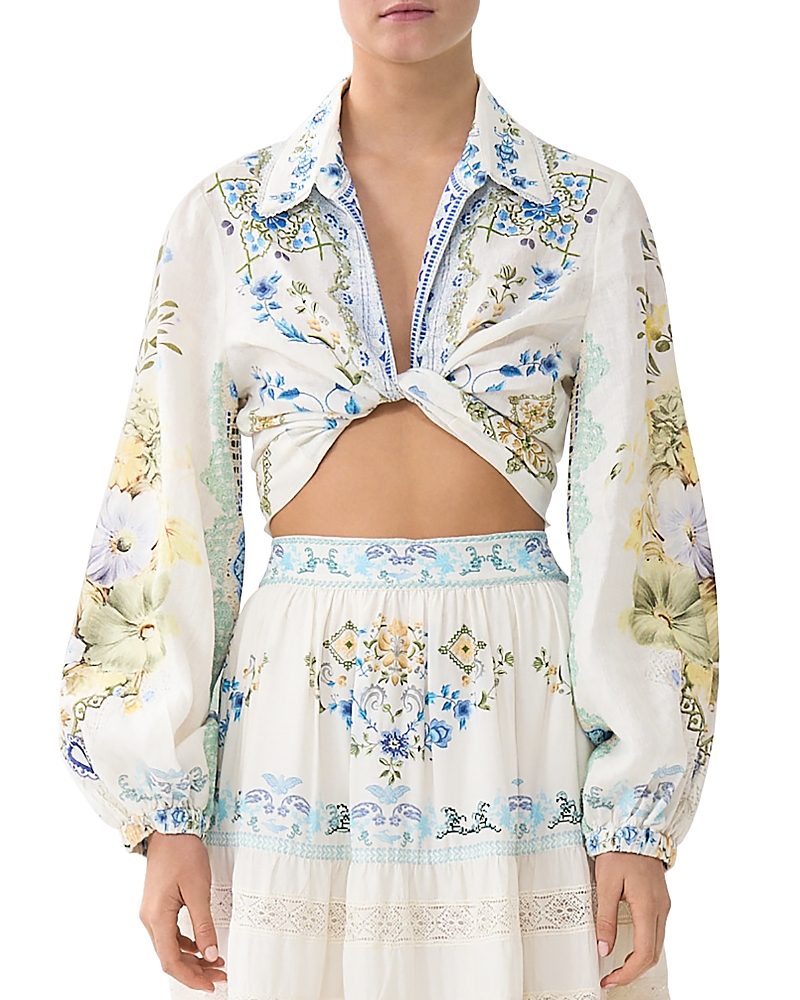 Camilla Linen Cropped Tie Shirt In Neutral