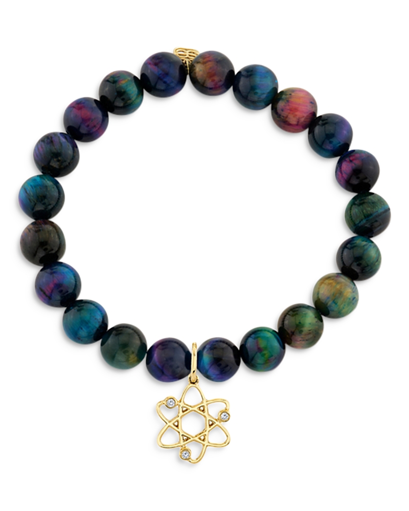 Sydney Evan 14k Yellow Gold Rainbow Tiger Eye & Diamond Cosmos Charm Bracelet In Multi