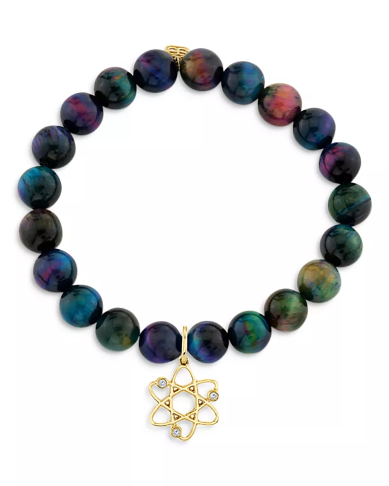 Sydney Evan 14K Yellow Gold Rainbow Tiger Eye & Diamond Cosmos Charm Bracelet