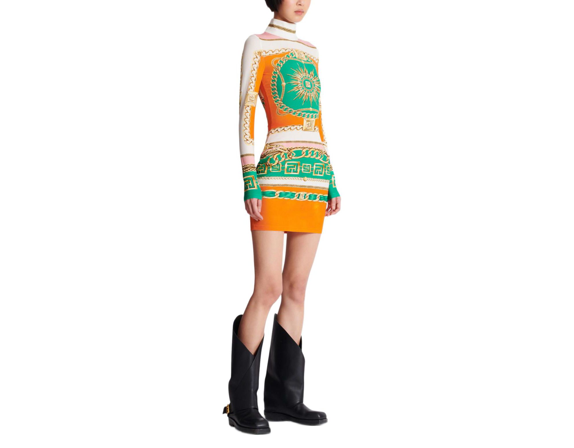 Short Printed Bodycon Dress with Balmain Foulard Pattern — Image 5